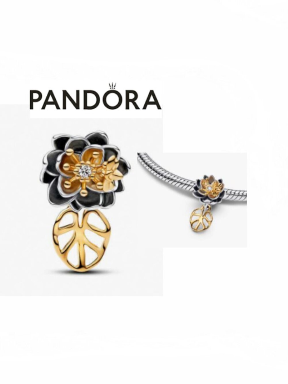 New Black and Gold Waterlily charm for Pandora type Bracelet or Chain